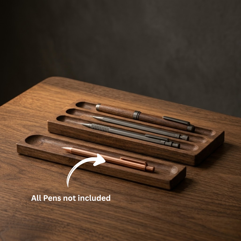 Close-up detail showing the natural wood grain of a bamboo desk pen tray
