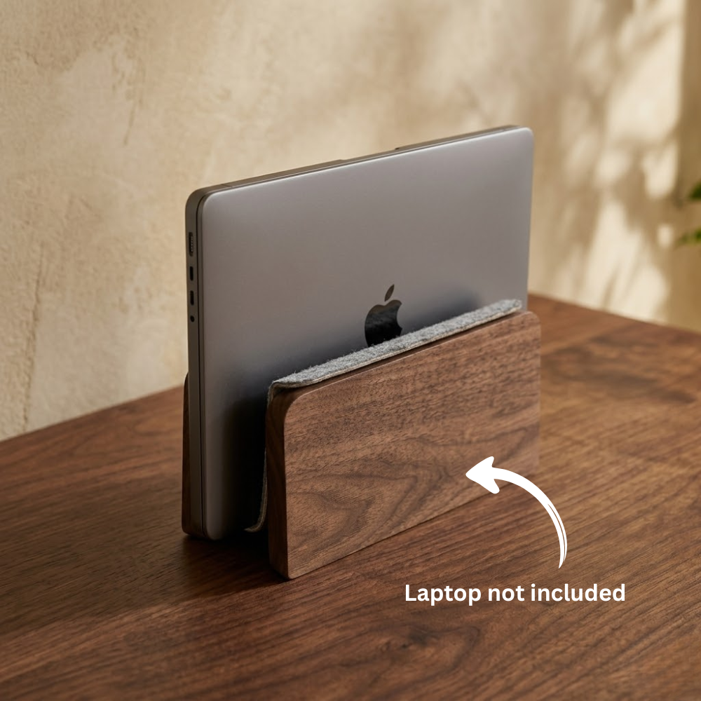 Walnut vertical laptop stand showcasing its stable and space-saving design