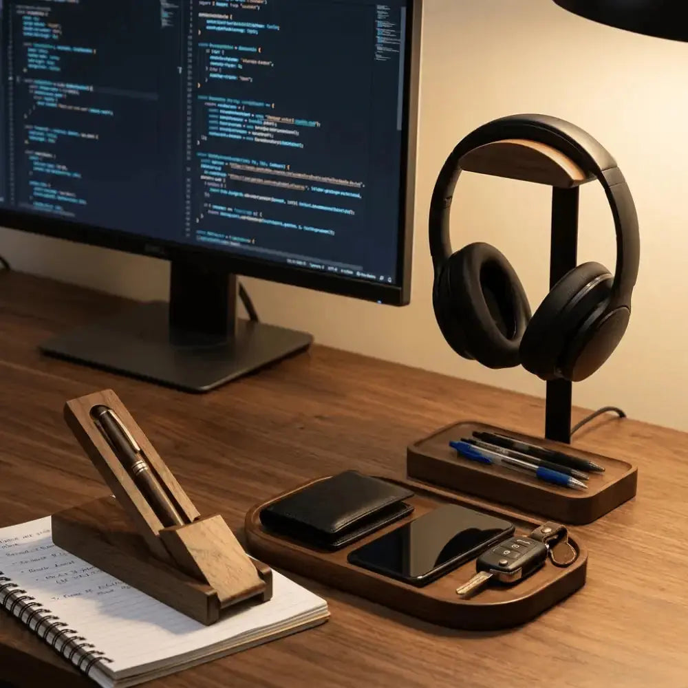 complete men's desk setup featuring a monitor headphone stand and wooden valet tray organizer