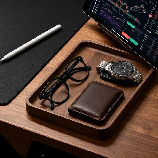 Valet tray for men keeping a wallet, wristwatch, and glasses organized on a desk