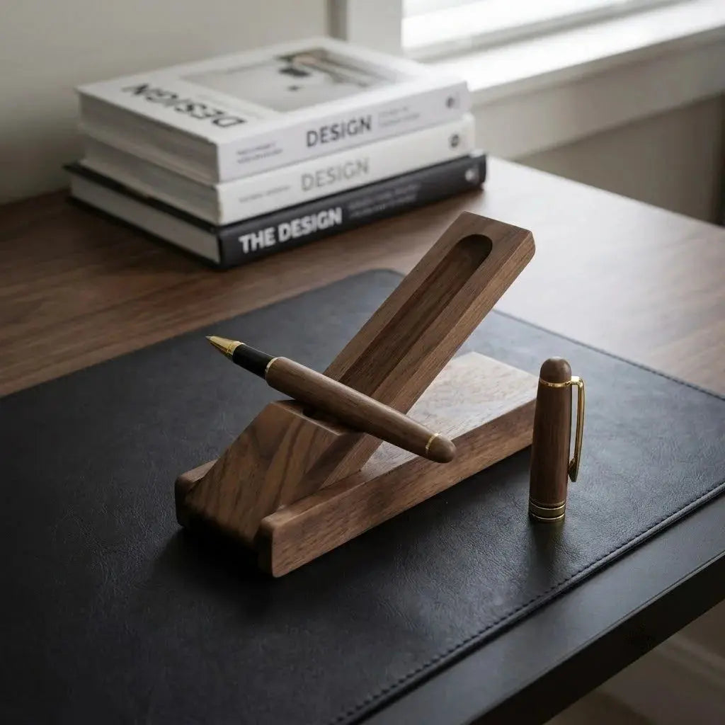 Walnut desk pen set with a solid walnut smooth ink pen and matching pen holder