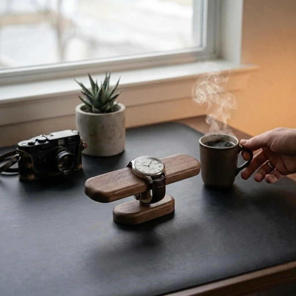 Hand placing an everyday watch on a walnut display stand during a daily desk routine