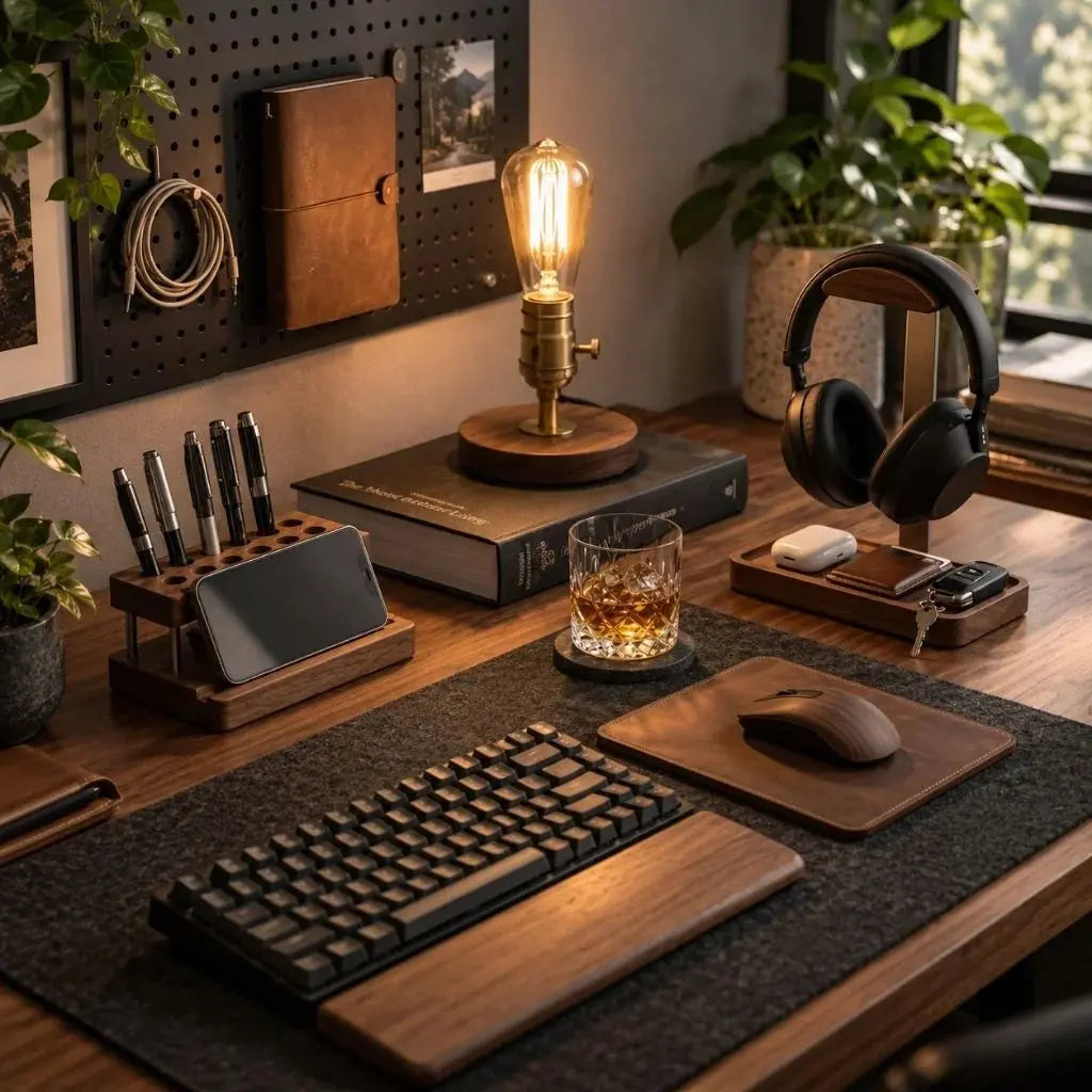 Wooden headphone stand with integrated tray in an organized desk workspace
