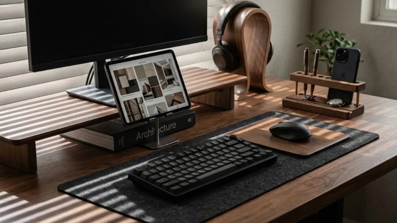 Clean desk setup with minimal items on wooden desk
