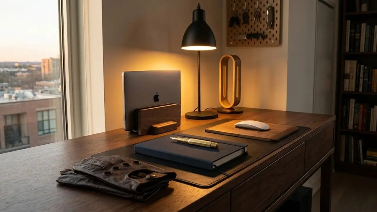 Minimal desk setup with laptop and few objects on wooden desk