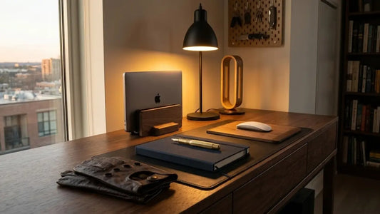 Minimal desk setup with laptop and few objects on wooden desk