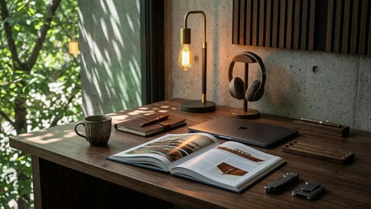 Organized desk setup with laptop on wooden desk in natural light