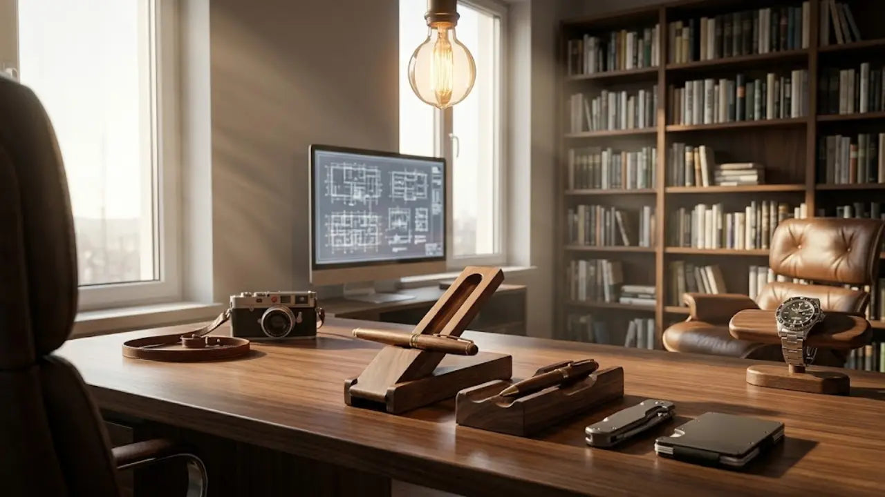 Minimal Desk Setup with Wooden Accessories