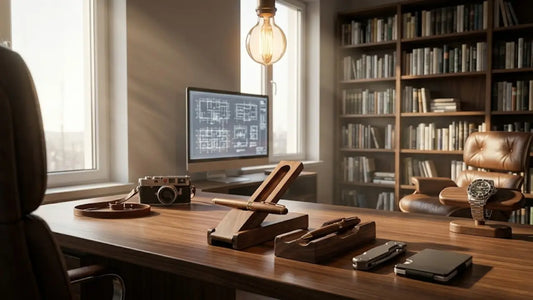 Minimal Desk Setup with Wooden Accessories