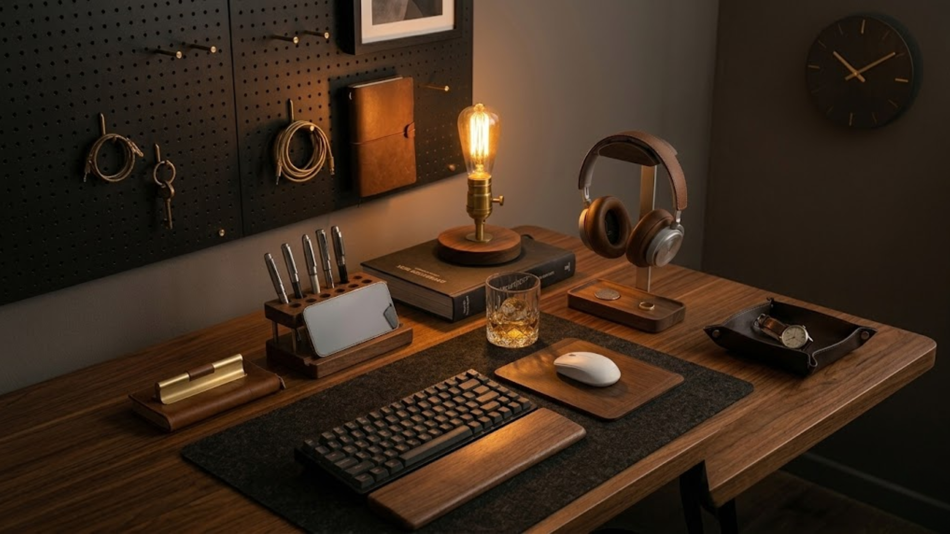 Wooden desk setup with keyboard, mouse, phone, and decorative items in a dimly lit room - Auren & Co.