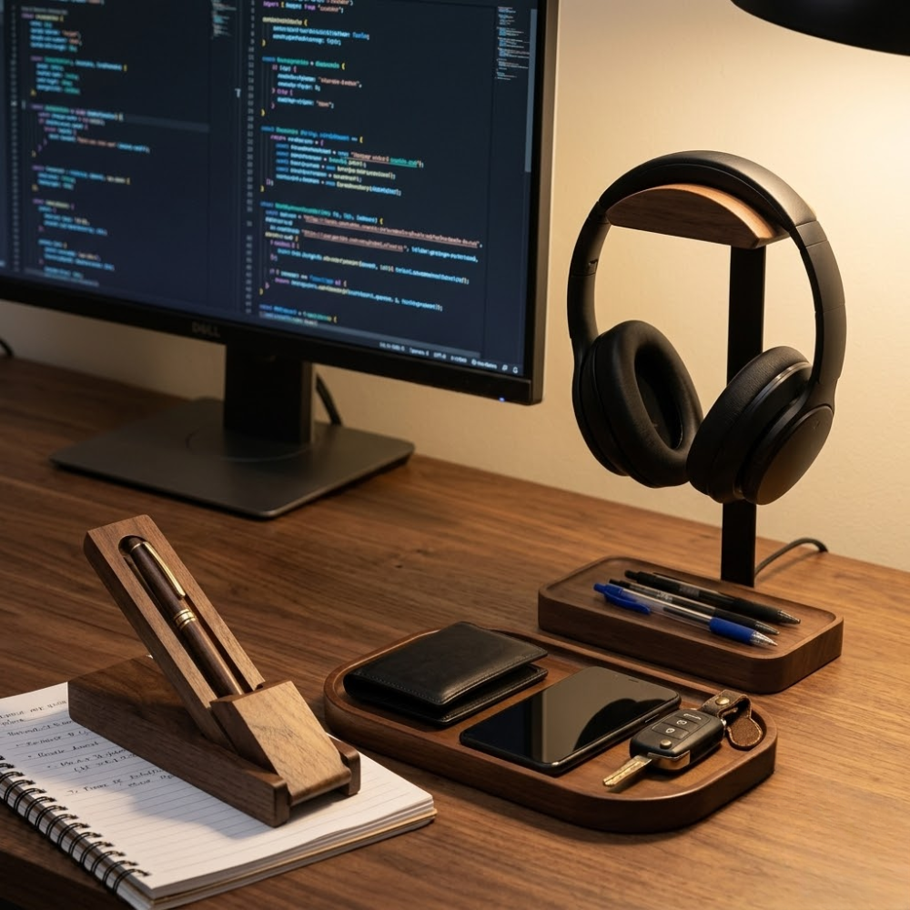 Desk setup with computer monitor, headphones, and various items on a wooden surface
