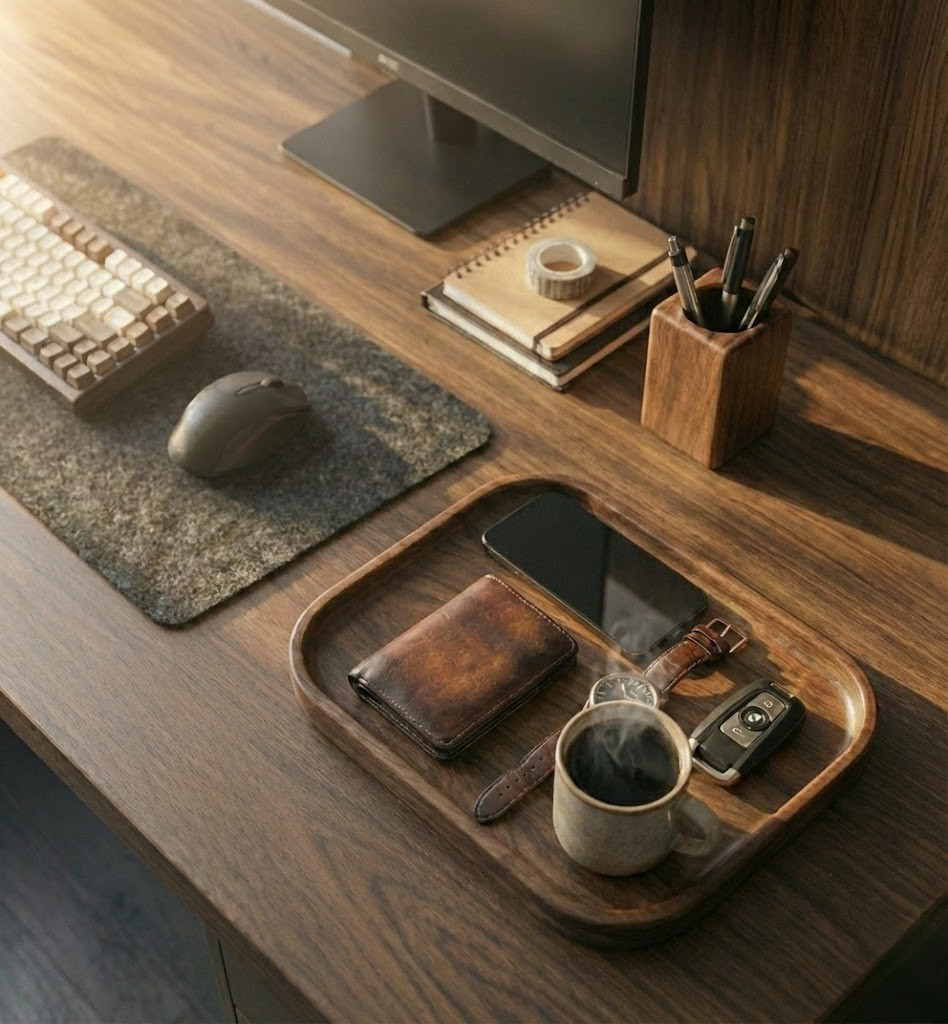 Wooden desk setup with valet tray, office items including a phone, wallet, and mug.
