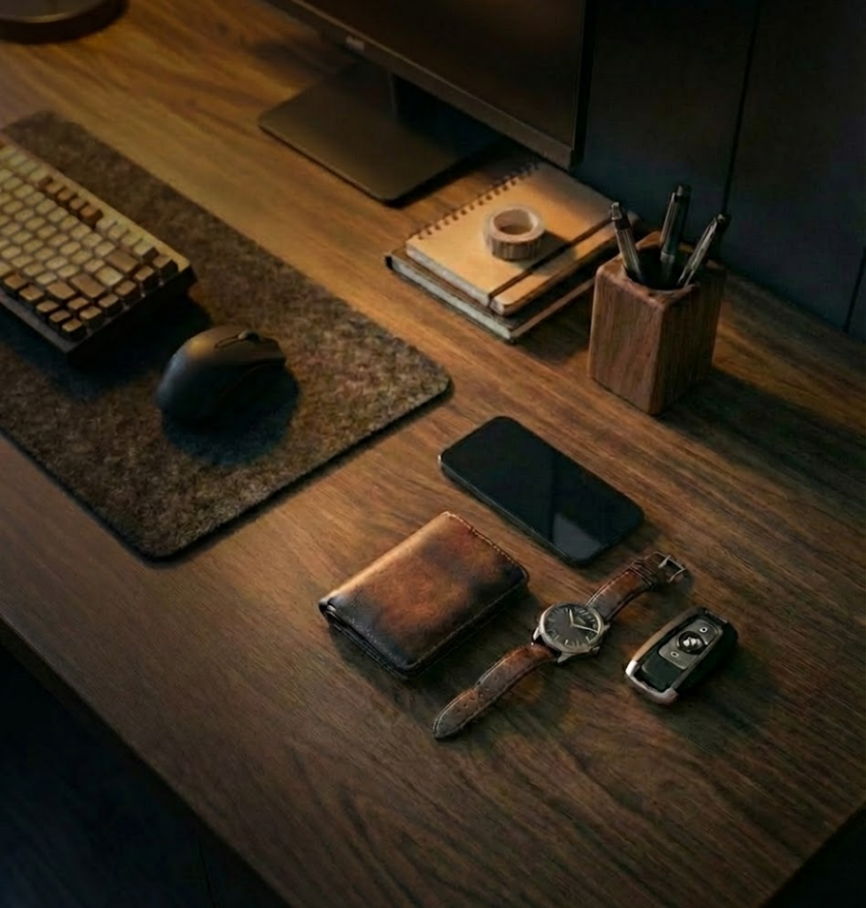 Wooden desk with office items including a phone, wallet, keys, and computer accessories.