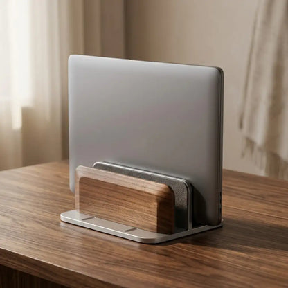 Minimalist adjustable walnut vertical laptop stand holding a silver laptop on a warm wooden desk