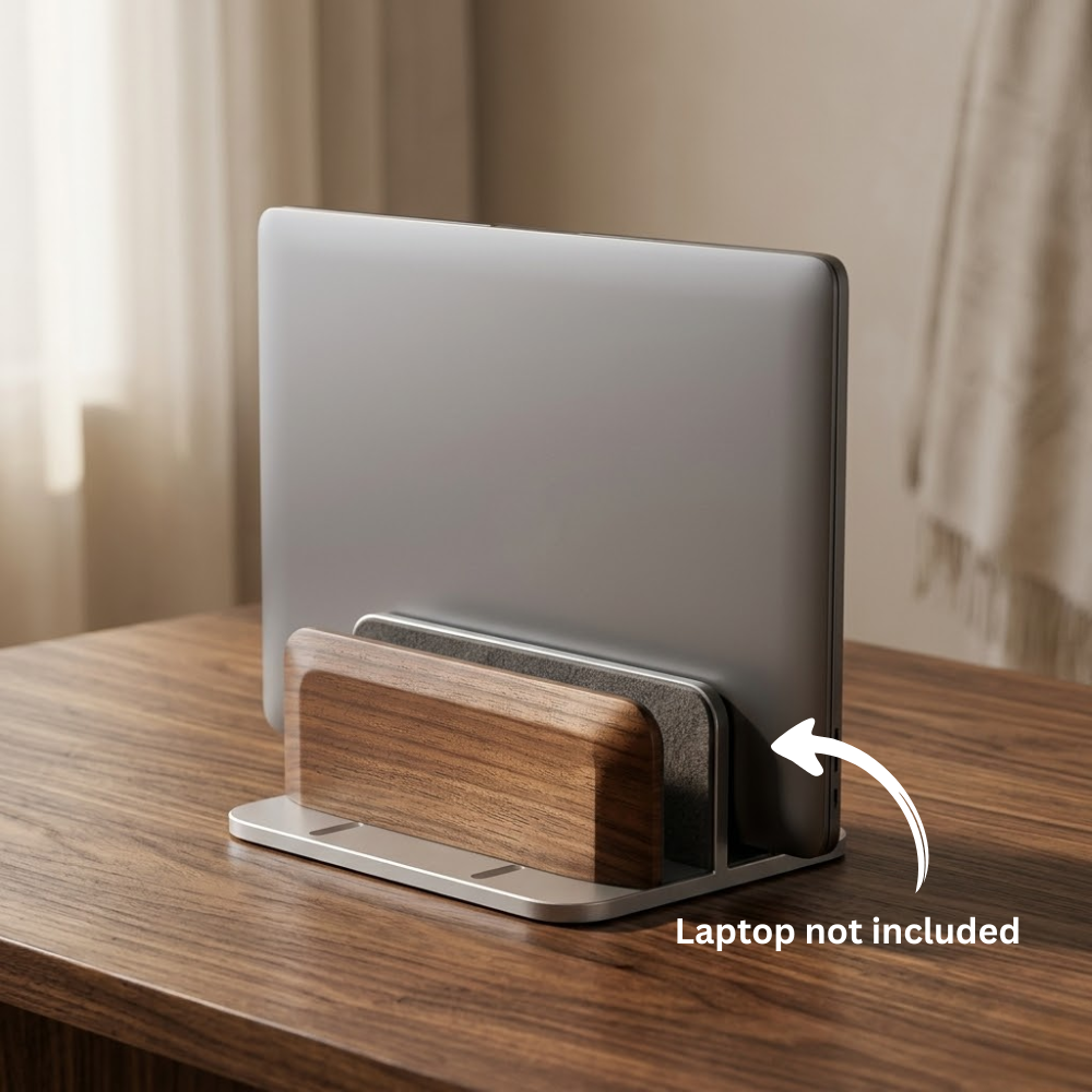 Adjustable walnut vertical laptop stand showcasing its customizable width design