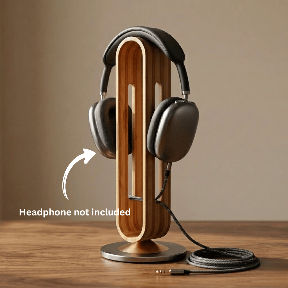 sturdy wooden headphone stand supporting headphones
