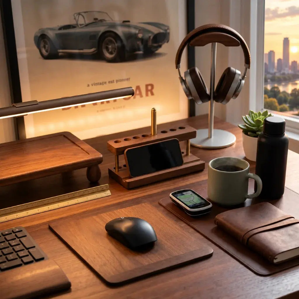 Auren & Co walnut desk objects arranged in an intentional workspace