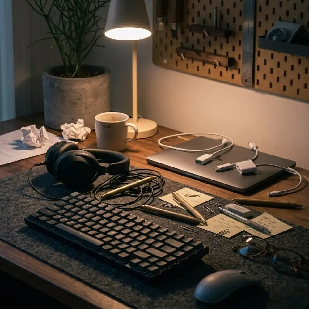 Desk workspace before evening reset with items placed on the desk