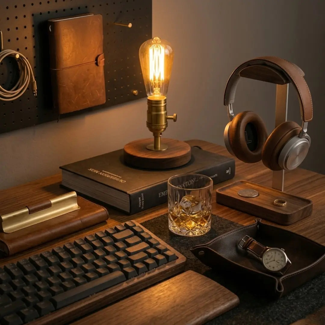 Auren & co - Desk setup with a lamp, books, glass, keyboard, and headphones.