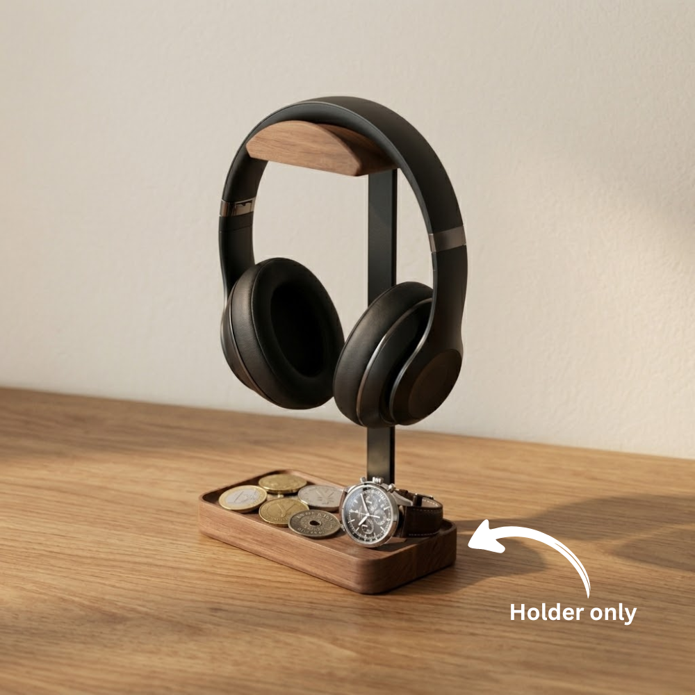 Auren & Co's product photo of walnut headphone stand with tray holding wired headphones