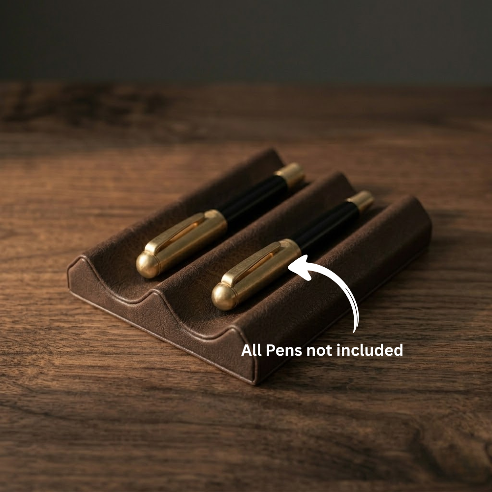 Feature detail highlighting the protective leather interior of a desk pen tray
