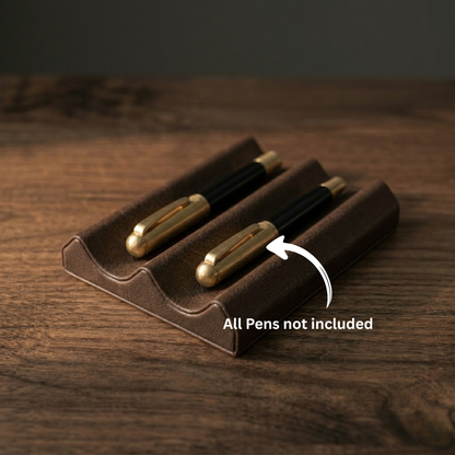 Feature detail highlighting the protective leather interior of a desk pen tray