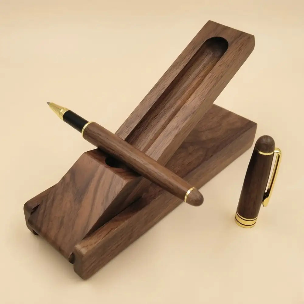 Product photo of a walnut desk pen holder placed on a clean desk surface