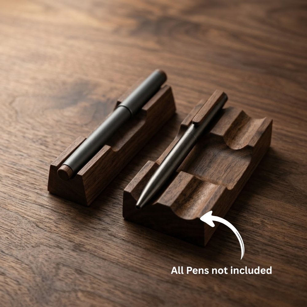 Walnut desk pen rest showcasing its stable wooden design