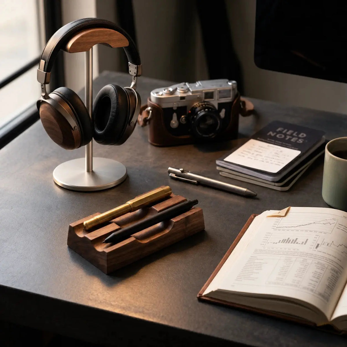 Walnut desk pen rest holding two pens in a workspace with a headphone stand and notebook.