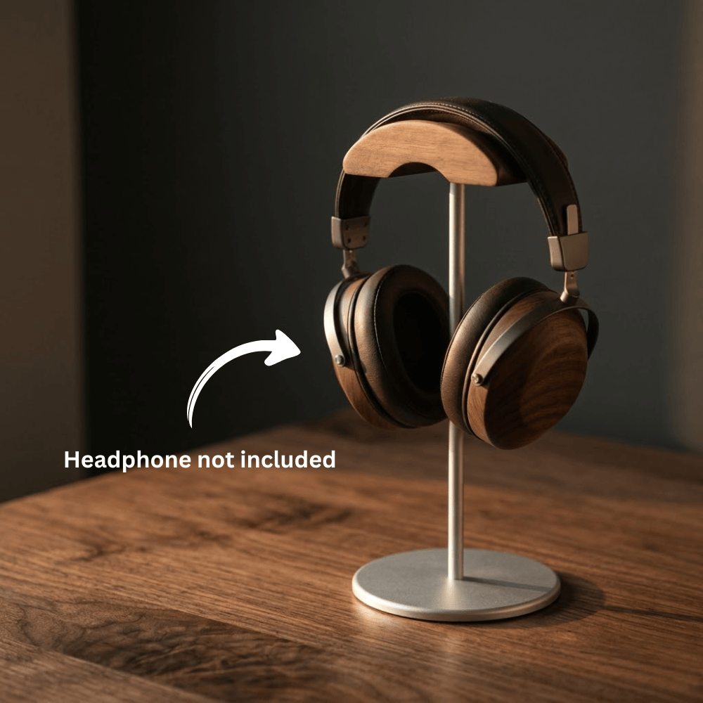 Desk headphone stand on wooden surface with note that headphones are not included
