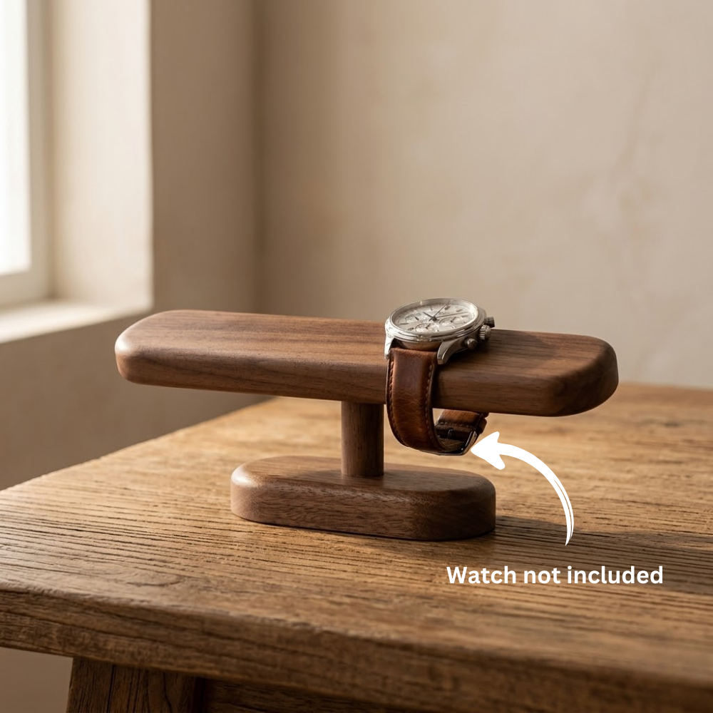 Walnut watch display stand showcasing its stable and balanced design