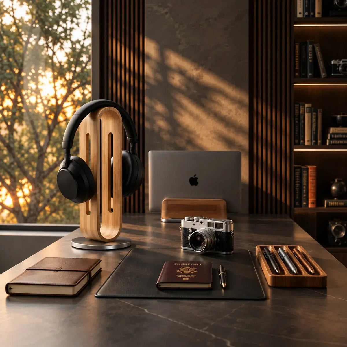 Bamboo wood headphone stand displayed with Auren & Co desk objects in a curated workspace