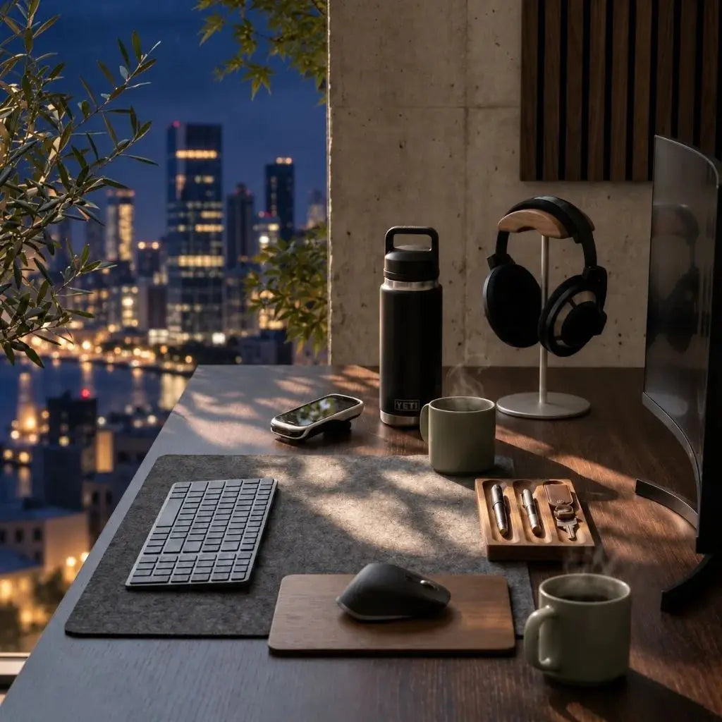 Auren & Co desk objects arranged in a considered workspace with a mouse pad, headphone stand, tray, and desk accessories