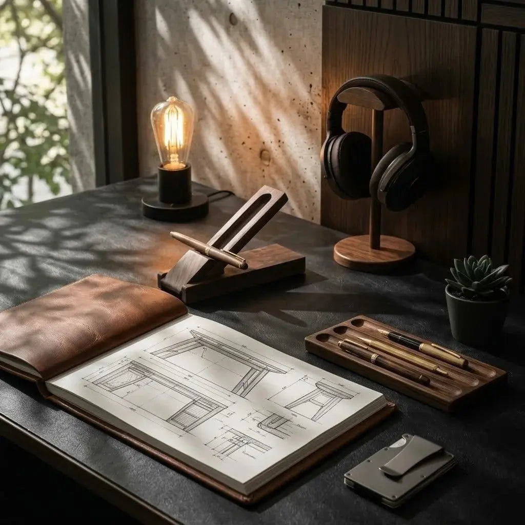 Auren & Co desk objects including a walnut desk pen set, headphone holder, and desk pen tray