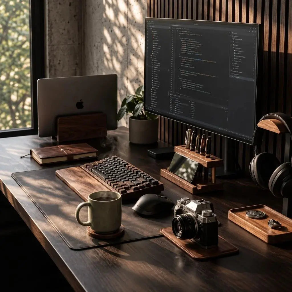 Auren & Co desk setup with a vertical laptop stand and walnut desk objects in an organized workspace