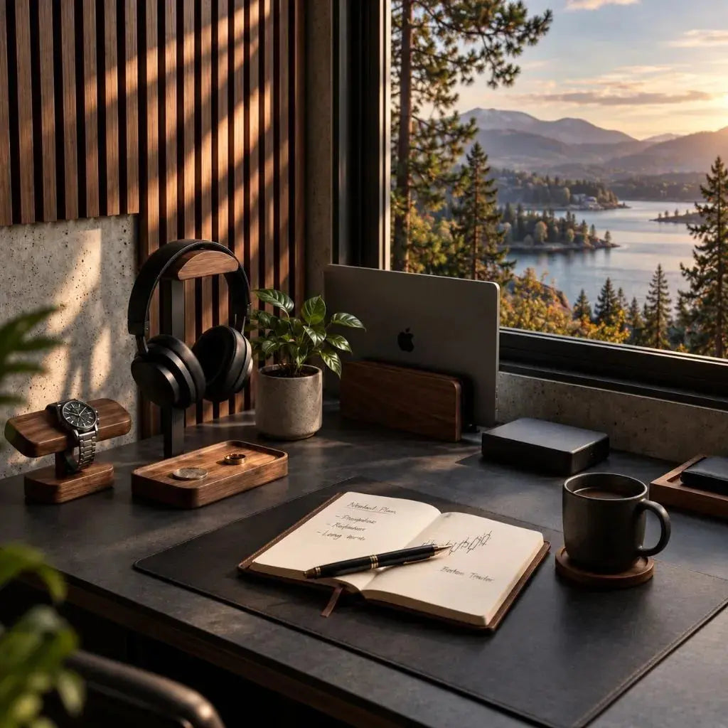 Auren & Co walnut desk objects arranged in an intentional workspace