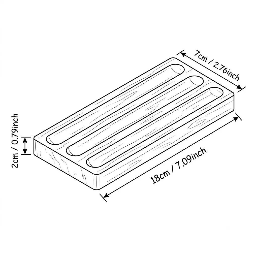 Dimension diagram of the bamboo desk pen organizer tray measuring 18 cm long, 7 cm wide, and 2 cm tall, with three grooves for writing tools
