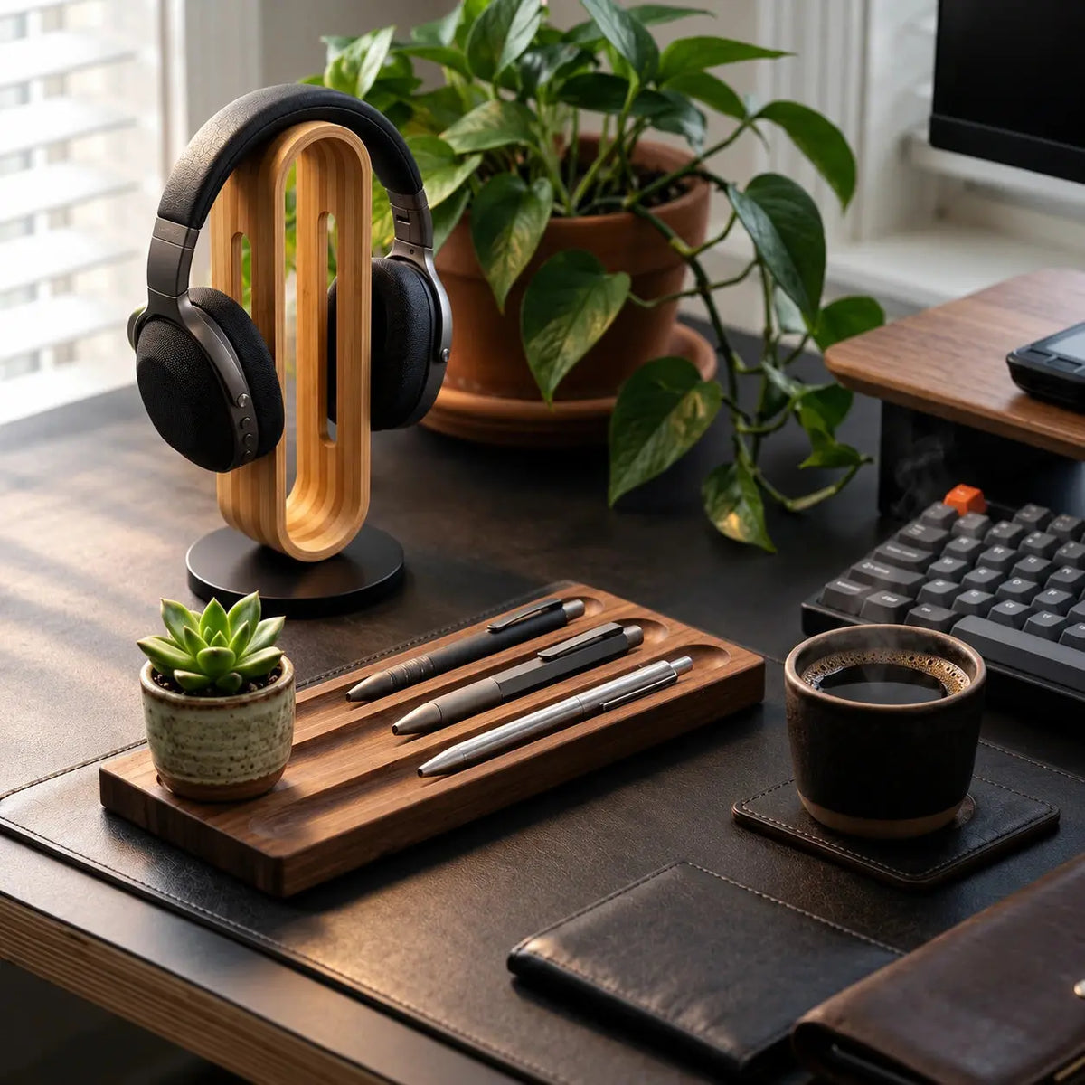 Bamboo desk pen organizer tray holding everyday writing tools on an organized workspace beside a headphone stand.