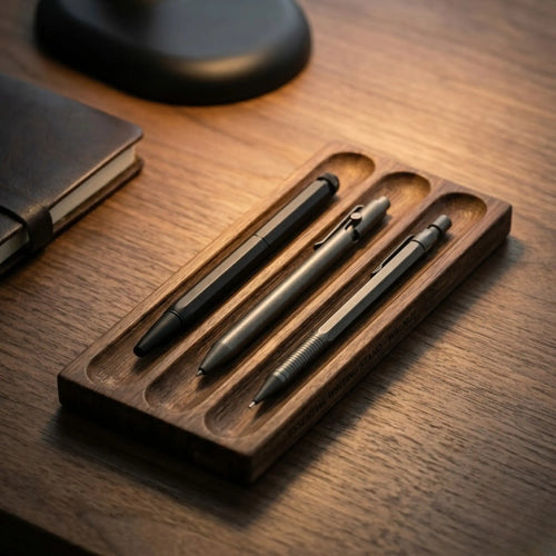 Minimalist bamboo desk pen tray organizing pens on a wooden desk