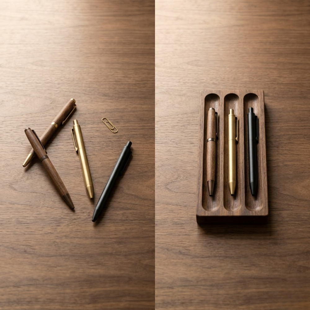 Before and after desk setup showing an organized workspace with a bamboo desk pen tray