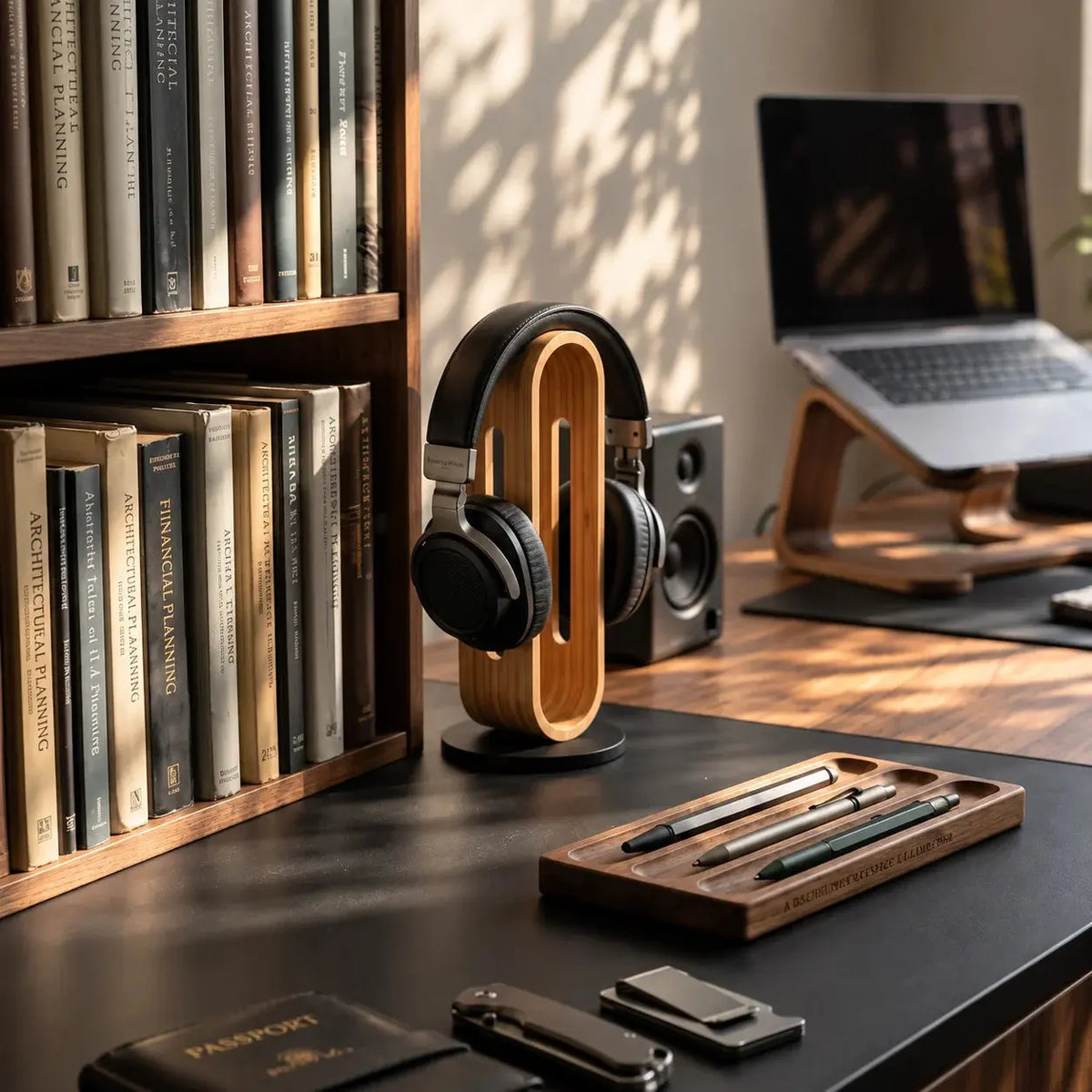 Bamboo wood headphone stand with Auren & Co bamboo desk pen organizer tray in a coordinated workspace
