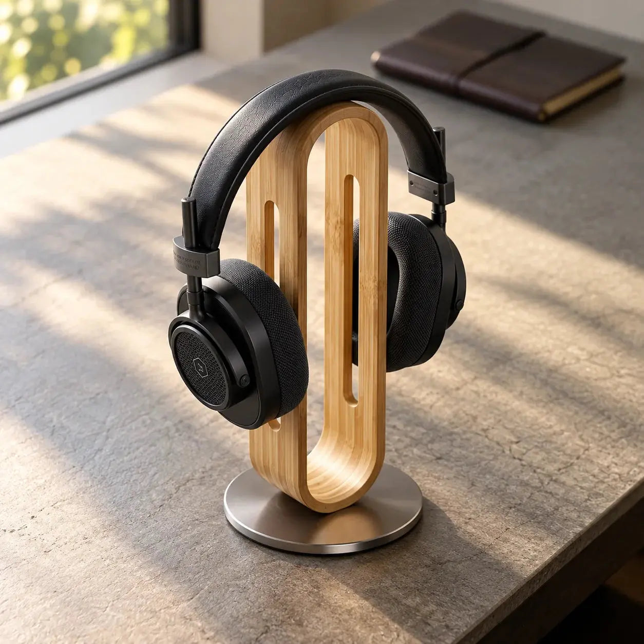 Bamboo wood headphone stand with over-ear headphones and brushed silver metal base