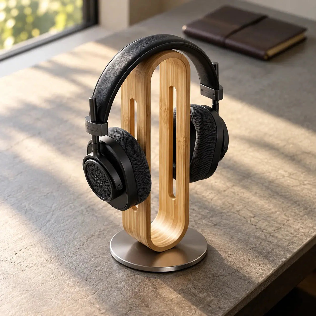 Bamboo wood headphone stand with over-ear headphones and brushed silver metal base