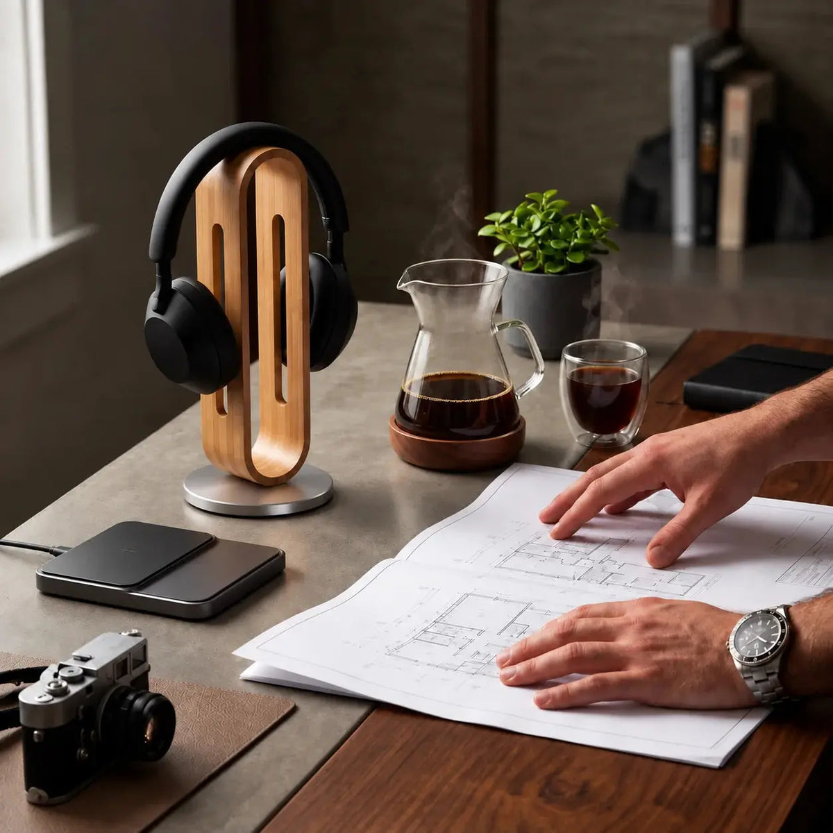 Bamboo wood headphone stand with over-ear headphones on a desk beside a person working on architectural drawings