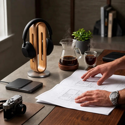 Bamboo wood headphone stand with over-ear headphones on a desk beside a person working on architectural drawings