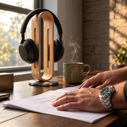 Bamboo wood headphone stand holding over-ear headphones beside a person working at a desk with architectural drawings