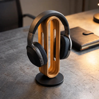 Bamboo wood headphone stand for desk with over-ear headphones