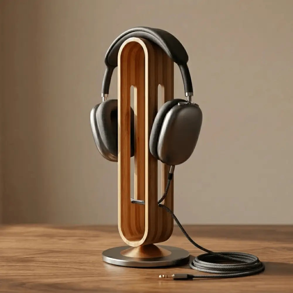 wooden headphone stand holding over-ear headphones on a desk
