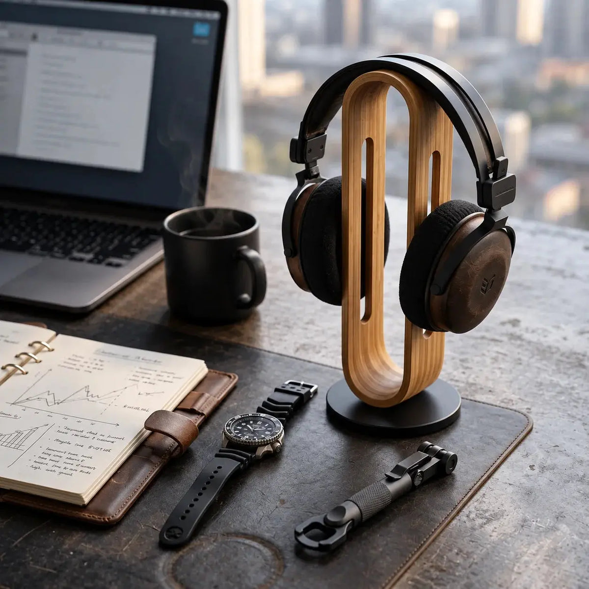 Bamboo wood headphone stand with over-ear headphones beside a laptop on a modern desk workspace