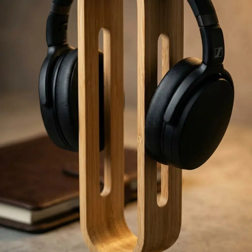 Close-up of a bamboo wood headphone stand showing the natural bamboo grain and layered wood construction